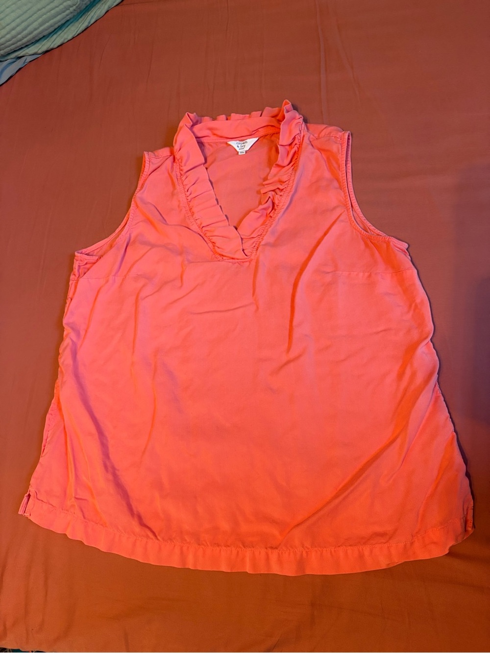 crown & ivy Coral Sleeveless Ruffle V-Neck Top